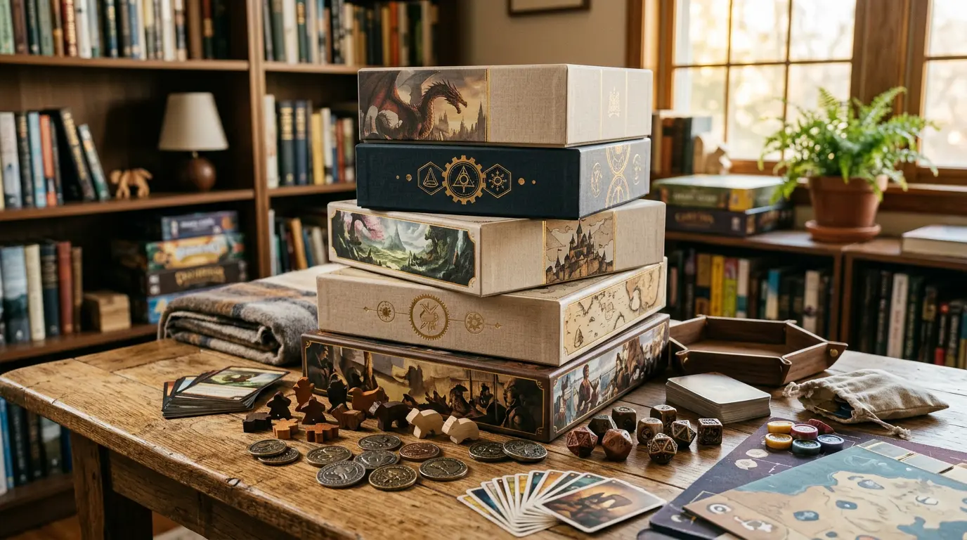 Premium game boxes stacked in warm light