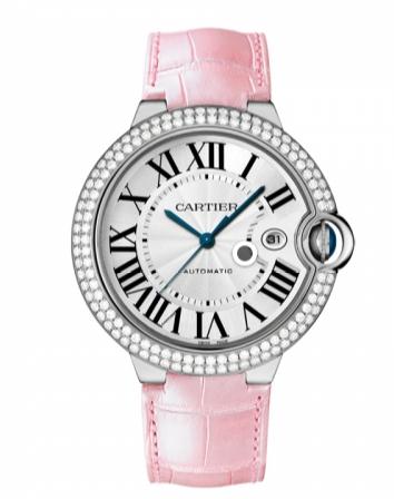 For the sparkling diamonds and pink leather strap, this replica Cartier watch is just designed for the charming ladies.