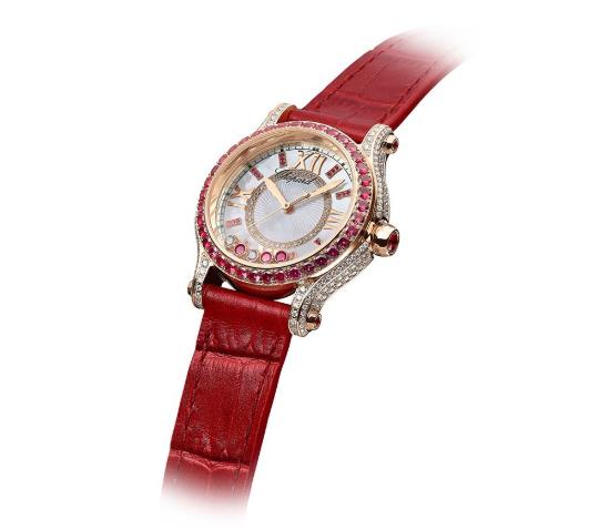 The red strap fake watch is designed for females.